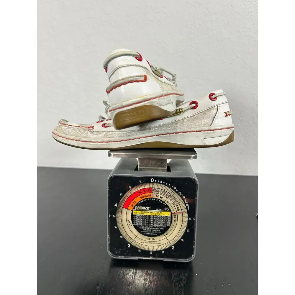 Preowned COACH boat shoe slip on- Sz 6M some overall wear- beige with red accent